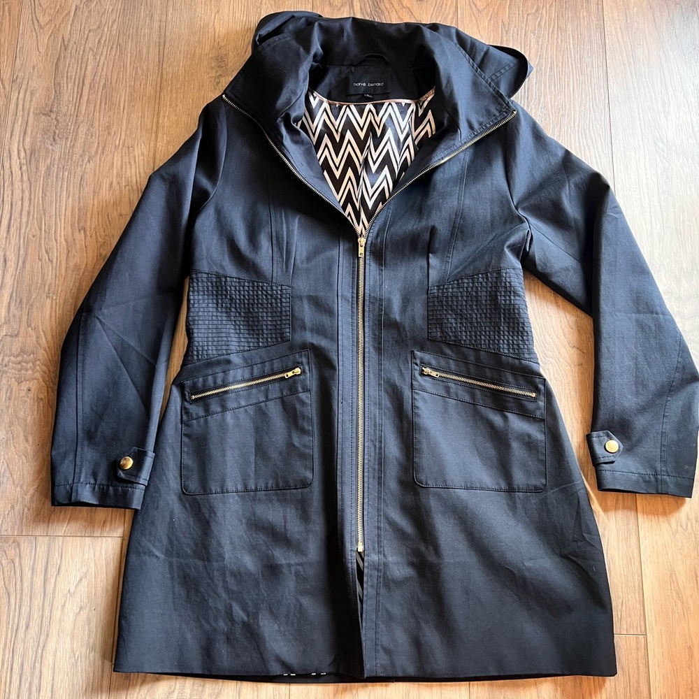 Harve Benard Black Trench Coat with Gold Accents